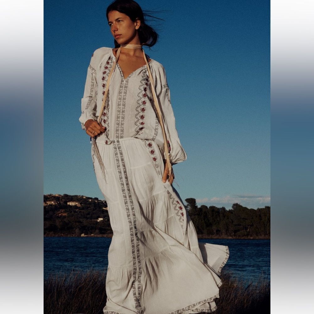 Zara White Embroidered Maxi Skirt
